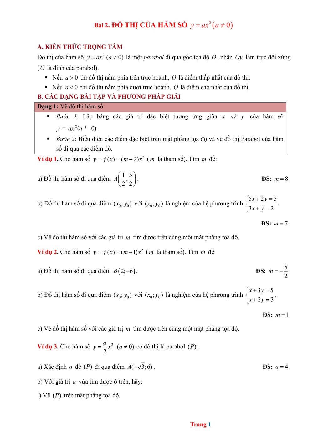 Xem trước trang 1 của "Giải Toán 9: Đồ thị của hàm số y=ax^2"