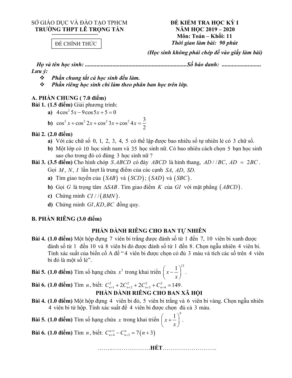 Xem trước trang 1 của "Đề Kiểm Tra Học Kỳ I Toán 11 Năm Học 2019-2020 - Trường THPT Lê Trọng Tấn - TP. Hồ Chí Minh"