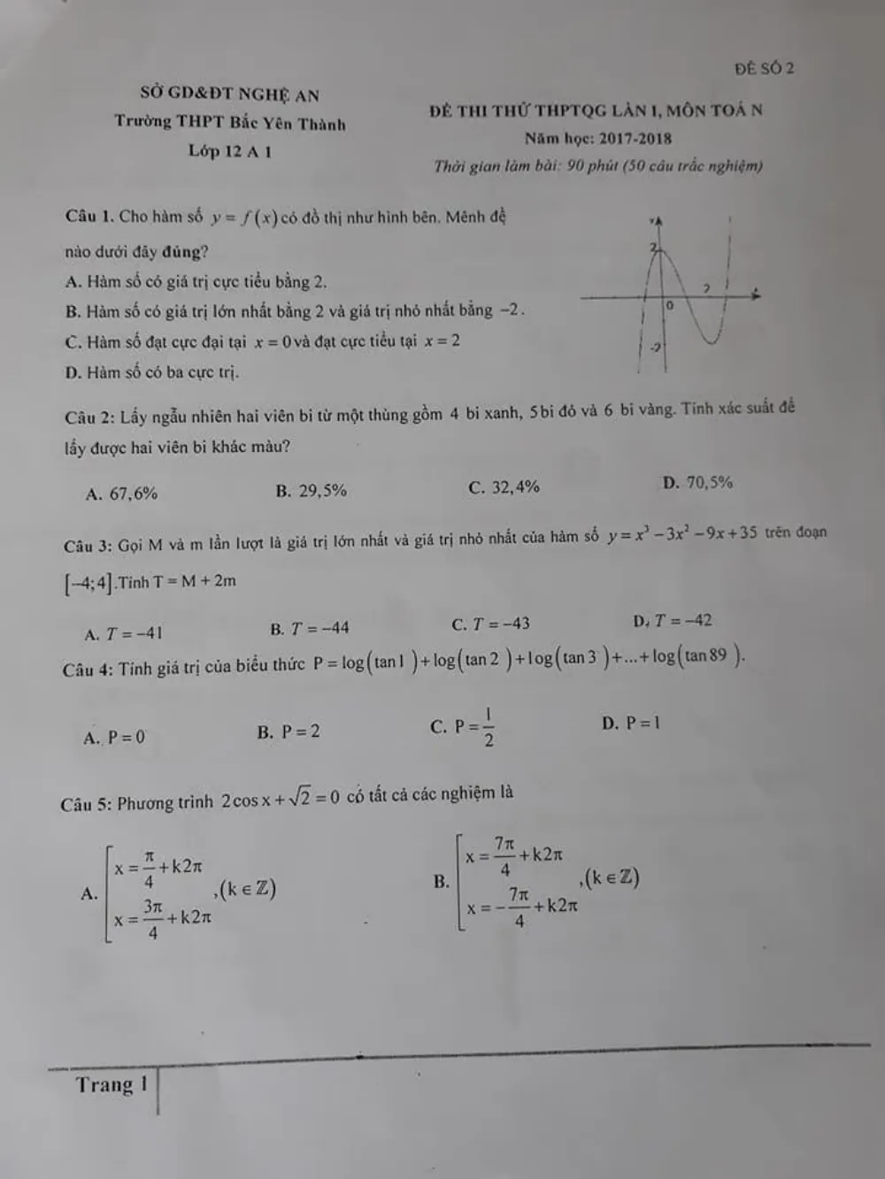 Xem trước trang 1 của "Đề Thi Thử Môn Toán 2018 - THPT Quốc Gia Lần 1 - Trường THPT Bắc Yên - Nghệ An"