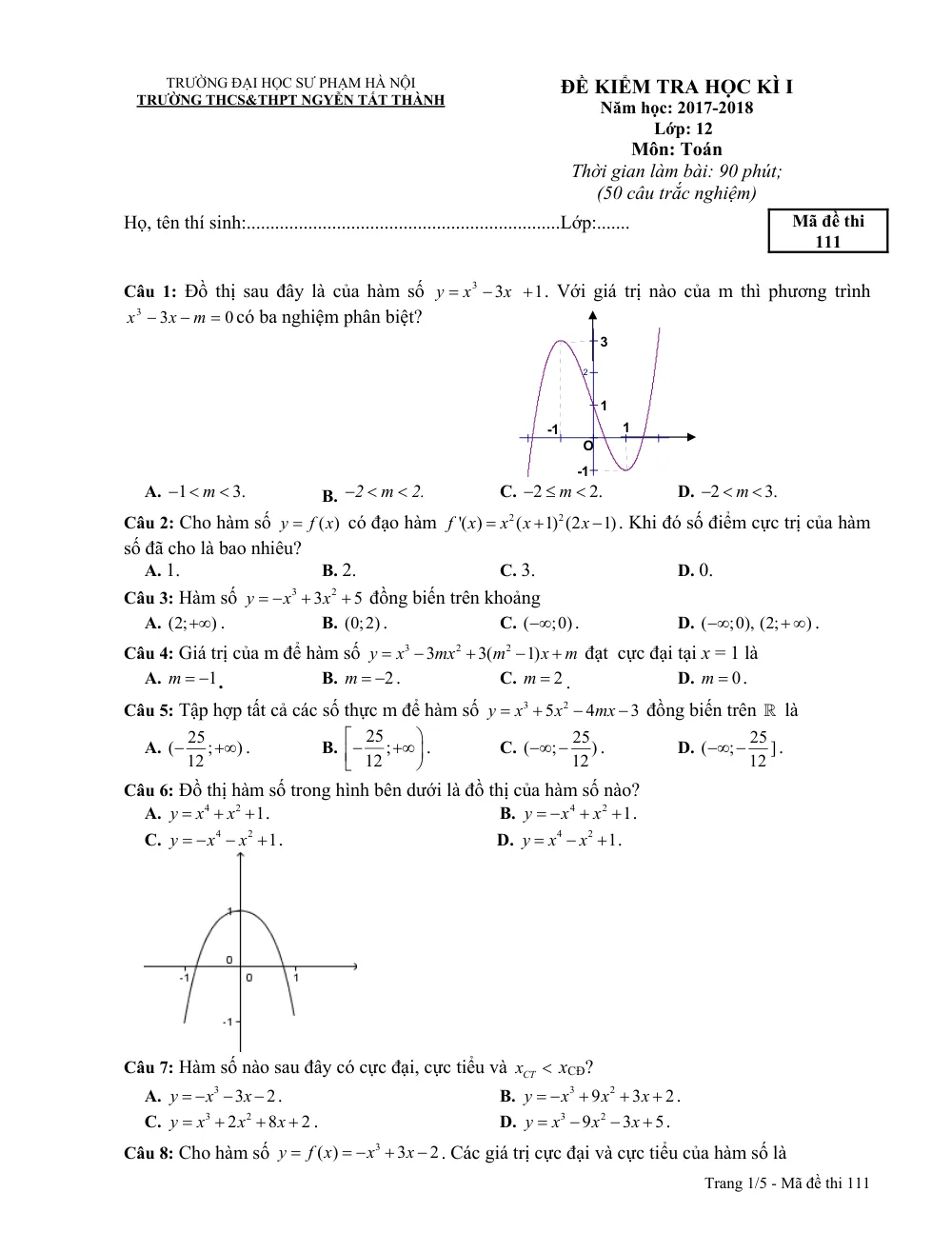 Xem trước trang 1 của "Đề Kiểm Tra Học Kỳ 1 Toán 12 - Trường THCS&THPT Nguyễn Tất Thành - Năm học 2017-2018 - Hà Nội"