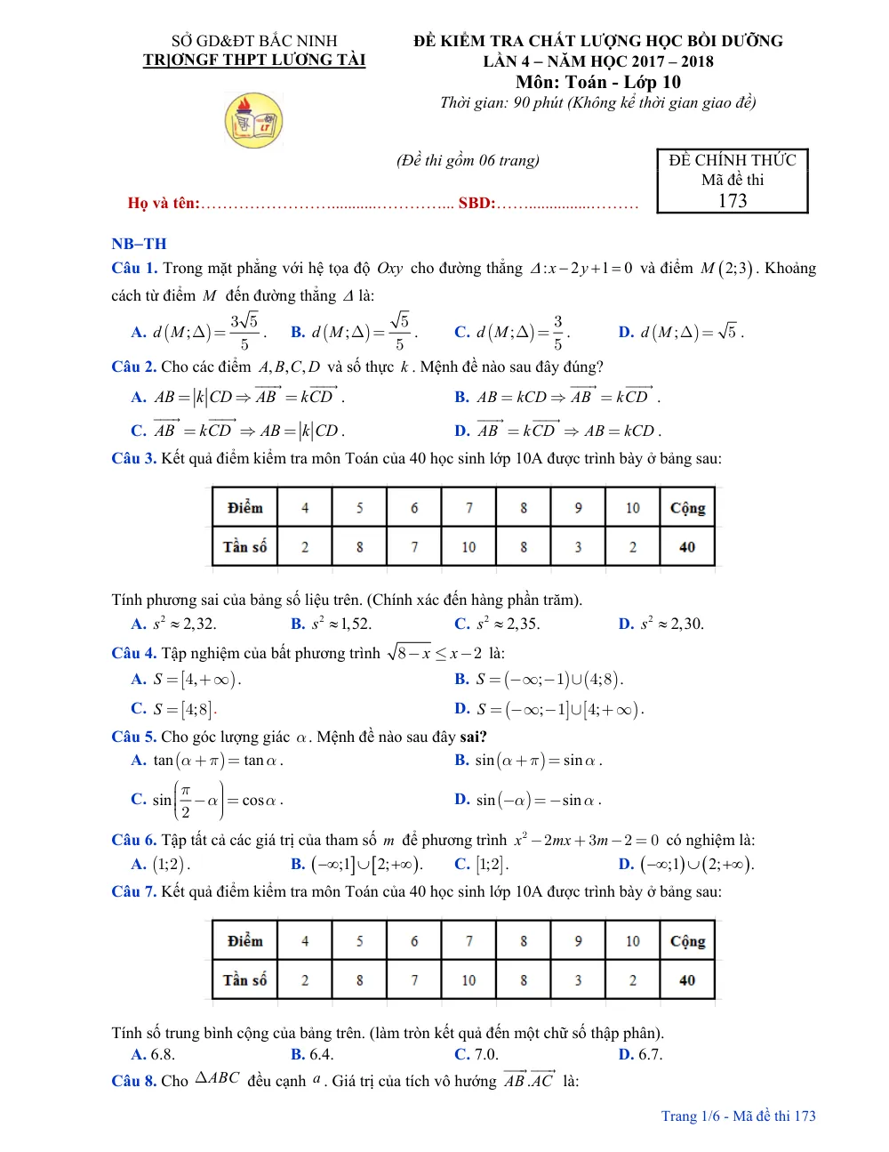 Xem trước trang 1 của "Đề Kiểm Tra Chất Lượng Học Bồi Dưỡng Toán 10 - Trường THPT Lương Tài - Năm học 2017-2018 - Bắc Ninh"