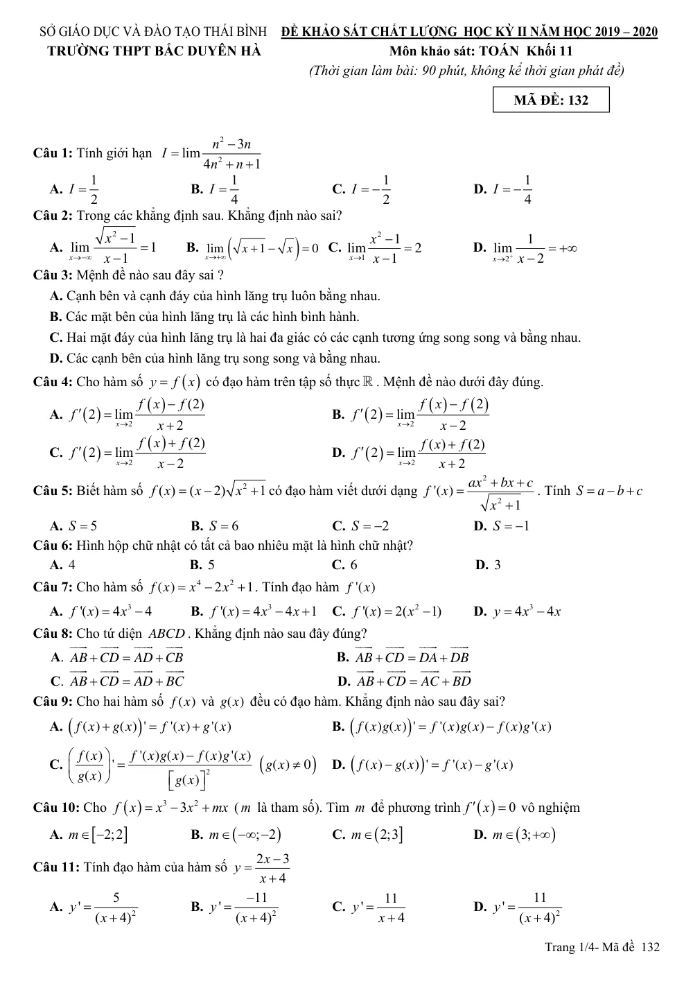 Xem trước trang 1 của "Đề Khảo Sát Chất Lượng Học Kỳ II Năm Học 2019-2020 - Trường THPT Bắc Duyên Hà - Toán 11 - Thái Bình"