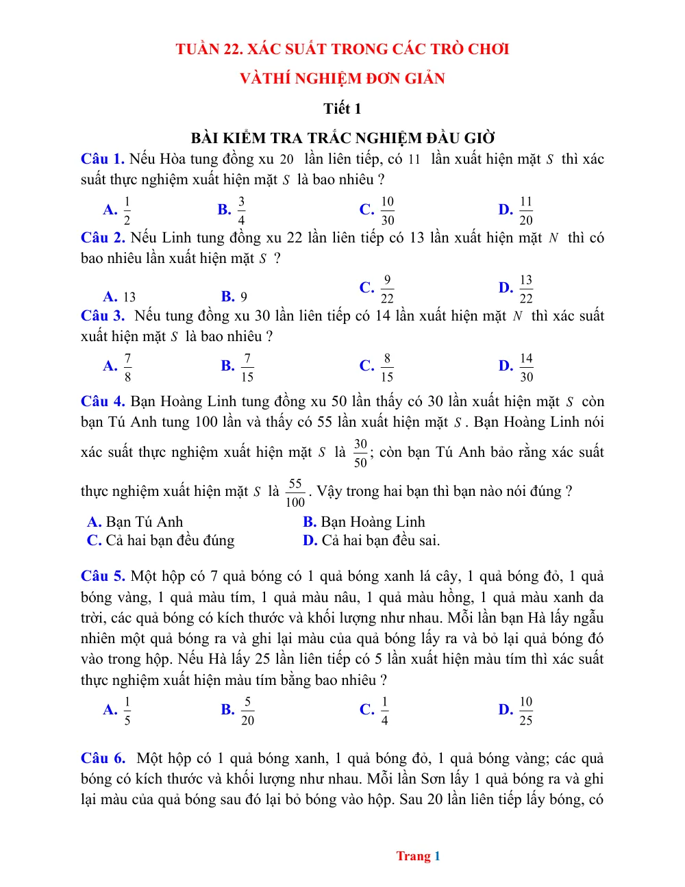 Xem trước trang 1 của "Bài tập Toán 6 KNTT - Tuần 22: Xác suất trong các trò chơi - Có đáp án"