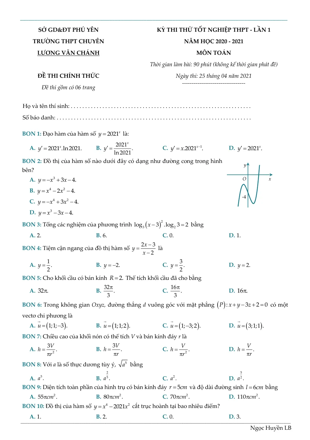 Xem trước trang 1 của "Đề Thi Thử Toán TN THPT 2021 Lần 1 - Trường Chuyên Lương Văn Chánh - Phú Yên"