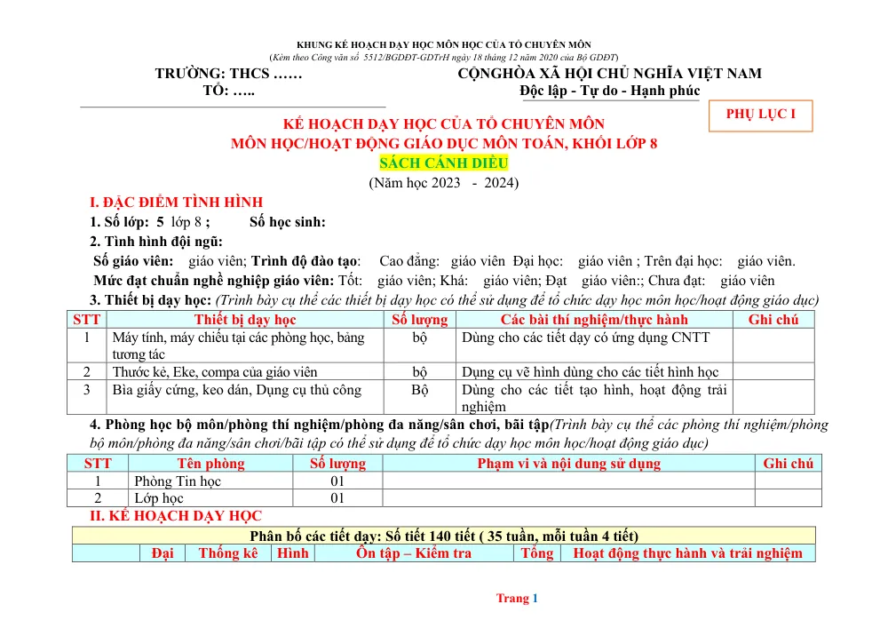 Xem trước trang 1 của "Khung Kế Hoạch Dạy Học Môn Toán Lớp 8 - Sách Cánh Diều (Năm học 2023 - 2024)"
