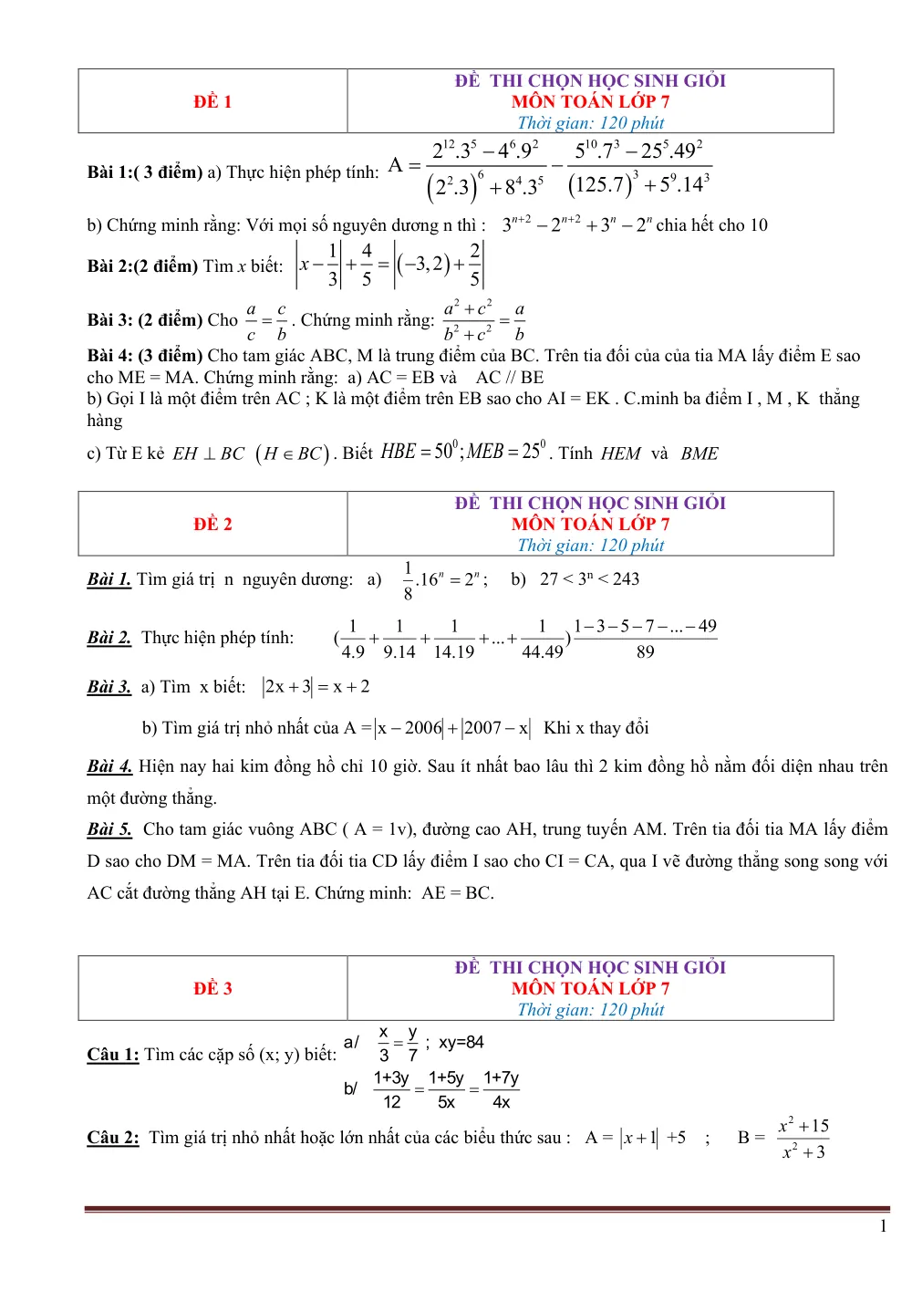 Xem trước trang 1 của "Đề Thi Chọn Học Sinh Giỏi Môn Toán Lớp 7 - Đề 1 & Đề 2 (Kèm Đáp Án)"
