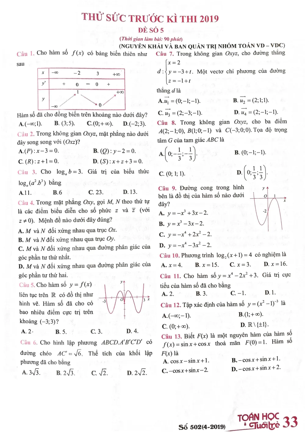Xem trước trang 1 của "Đề thi thử THPT QG 2019 - Môn Toán - Toan Hoc Tuoi Tre - Đề số 5"