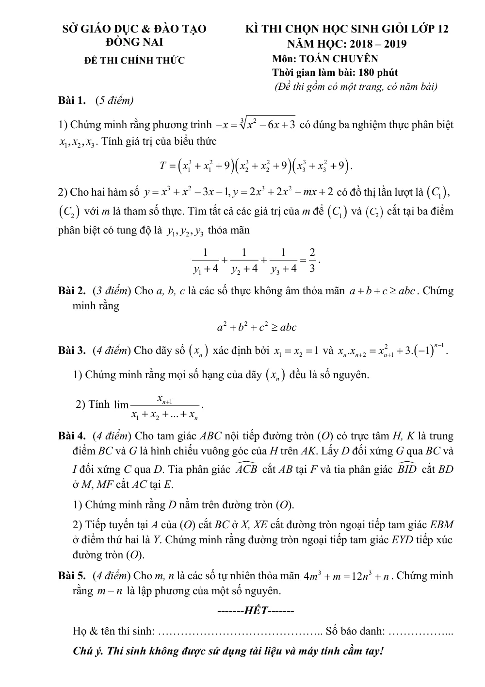Xem trước trang 1 của "Đề thi chọn HSG Toán 12 Chuyên - Năm học 2018-2019 - Sở GDĐT Đồng Nai"
