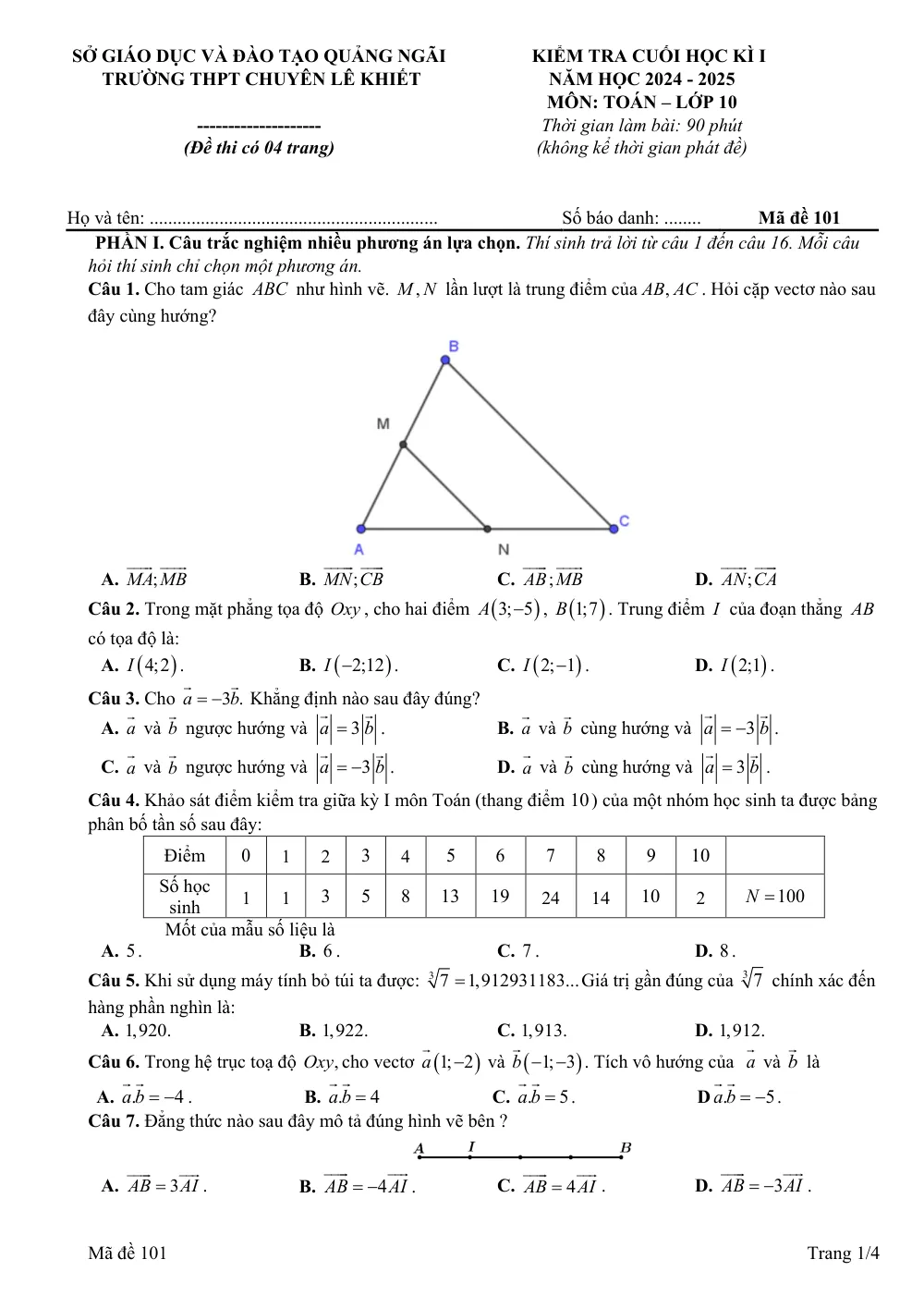 Xem trước trang 1 của "Đề cuối học kì 1 Toán 10 - Trường THPT Chuyên Lê Khiết - Năm học 2024-2025 - Quảng Ngãi"