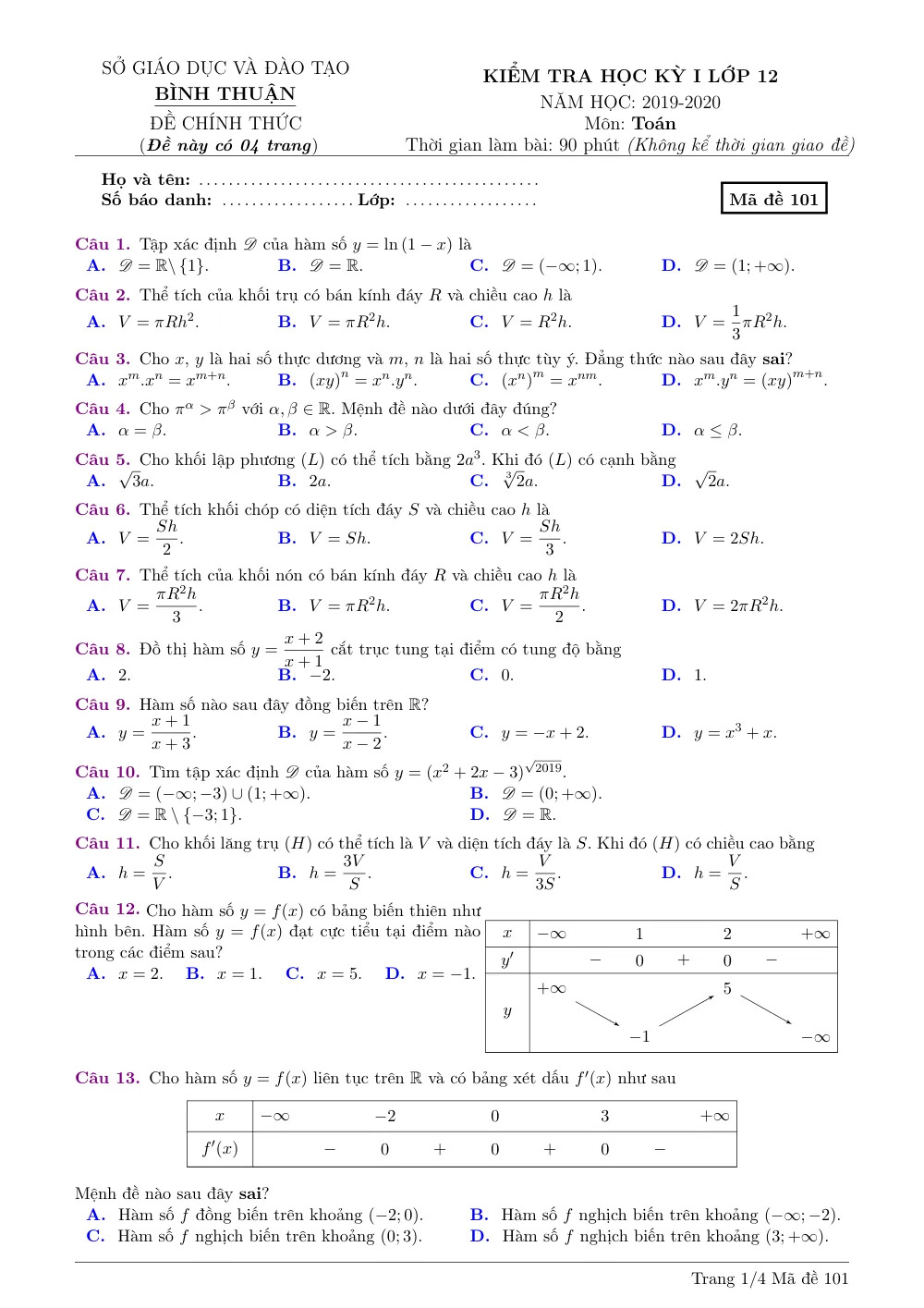 Xem trước trang 1 của "Đề thi HK1 Toán 12 - Năm học 2019-2020 - Sở GDĐT Bình Thuận"