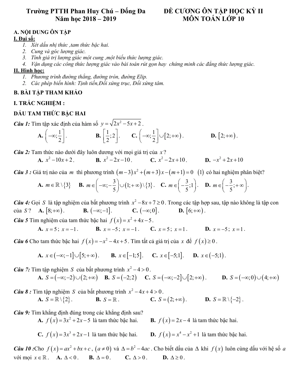 Xem trước trang 1 của "Đề Cương Ôn Tập Học Kỳ II - Toán 10 - Năm học 2018-2019 - Trường THPT Phan Huy Chú - Hà Nội"