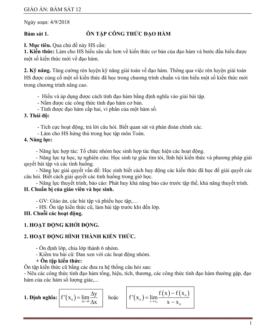 Xem trước trang 1 của "Giáo án Bám sát Toán 12 - Ôn Tập Công Thức Đạo Hàm (2018)"