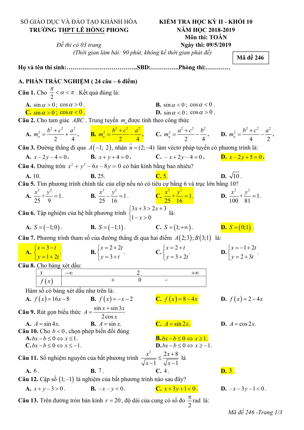 Xem trước trang 1 của "Đề thi HK2 Toán 10 - Trường THPT Lê Hồng Phong - Năm học 2018-2019 - Khánh Hòa"
