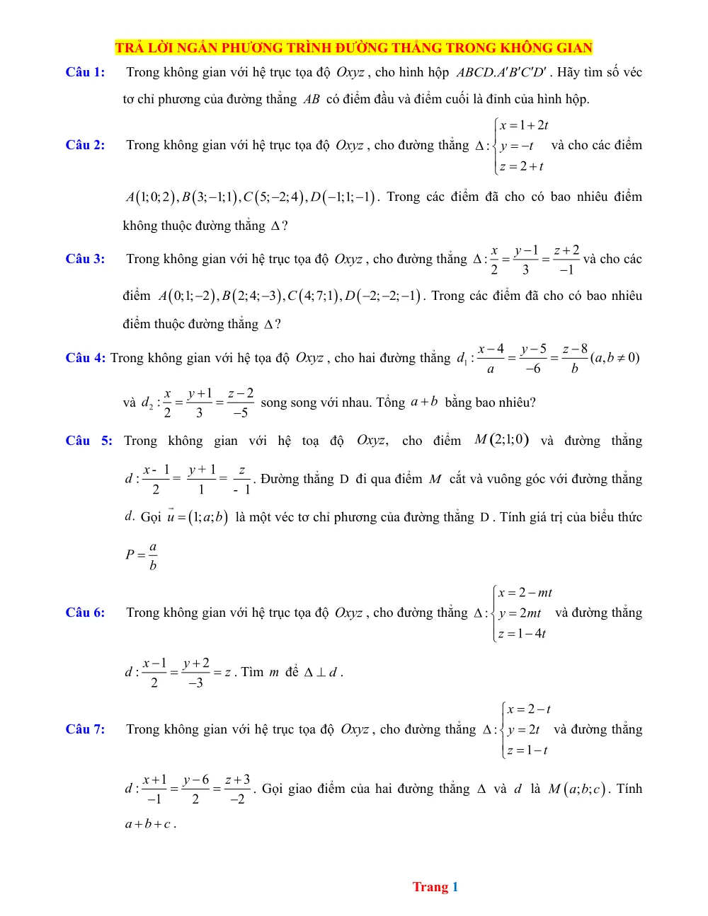 Xem trước trang 1 của "20 Câu Trả Lời Ngắn Phương Trình Đường Thẳng Trong Không Gian"