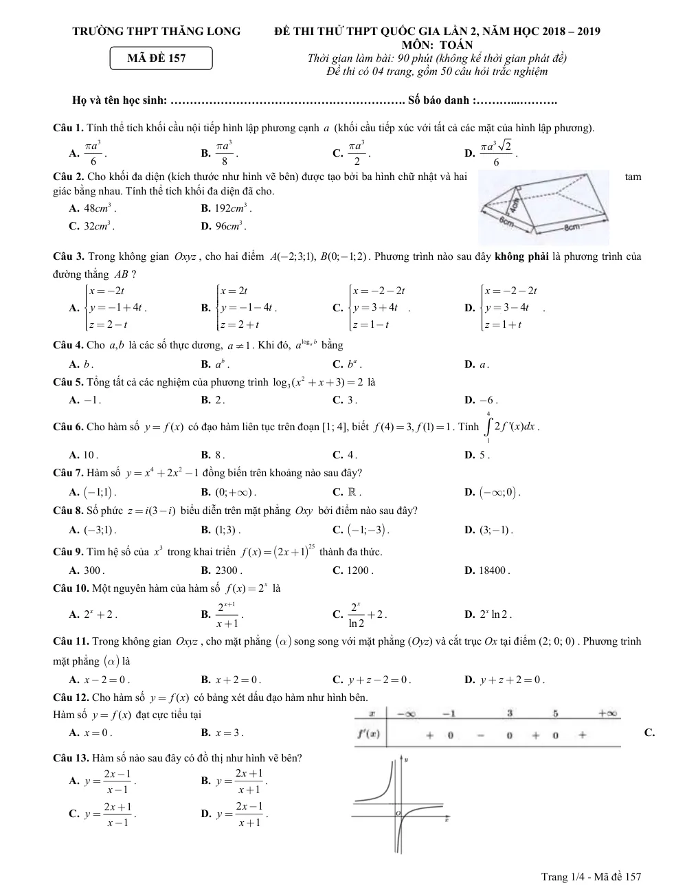 Xem trước trang 1 của "Đề Thi Thử Toán THPT Quốc Gia 2019 Lần 2 - Trường THPT Thăng Long - Hà Nội"