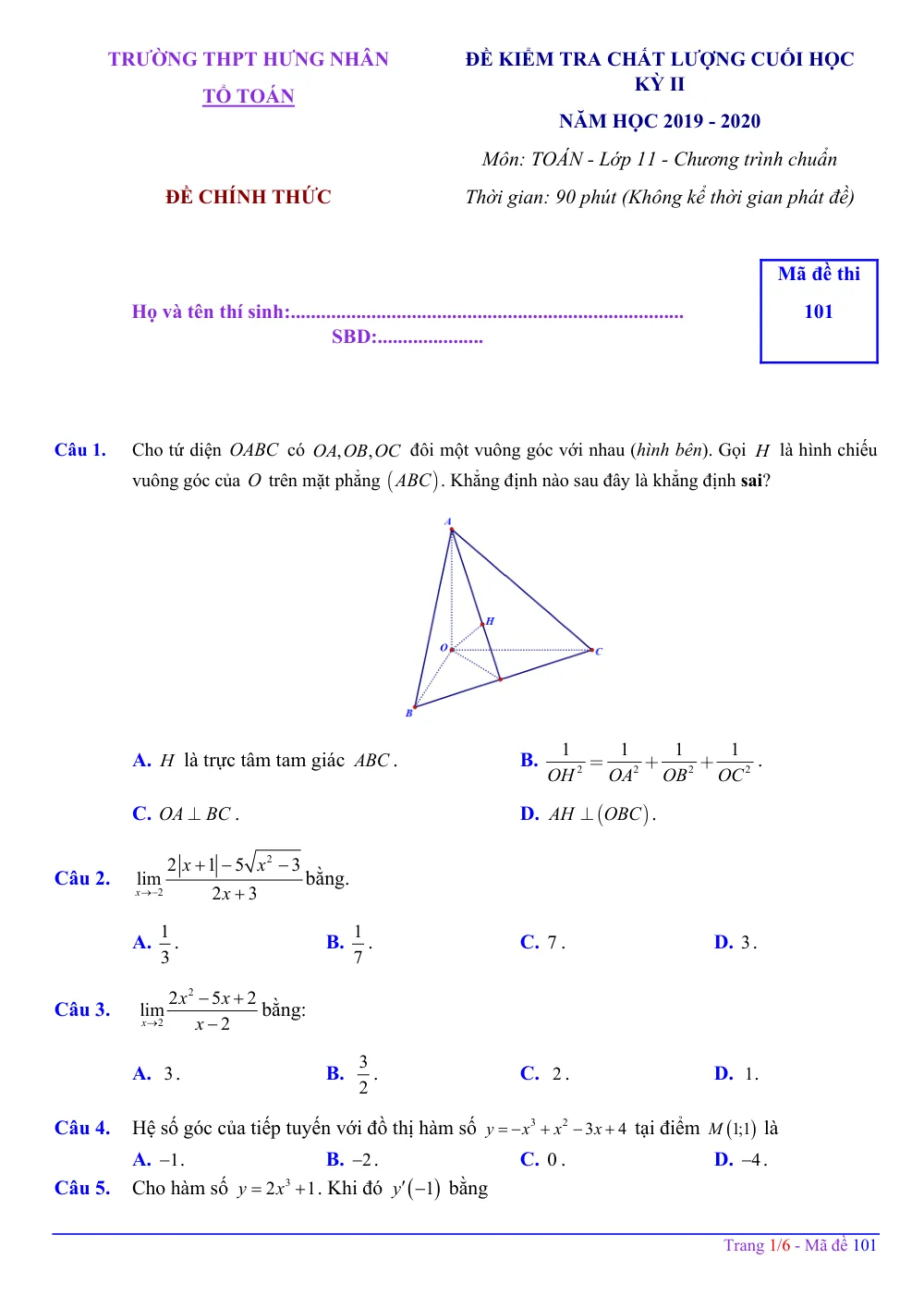 Xem trước trang 1 của "Đề Kiểm Tra Chất Lượng Cuối Học Kỳ II - Toán 11 - Năm học 2019-2020 - Trường THPT Hưng Nhân - Thái Bình"