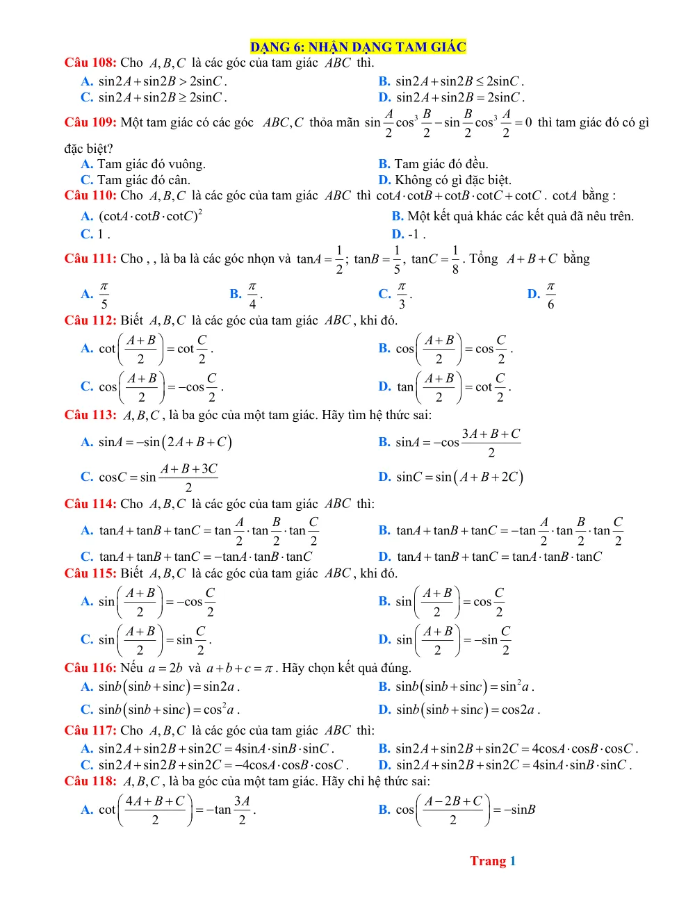 Xem trước trang 1 của "Toán 11 - Dạng 6: Nhận dạng tam giác"