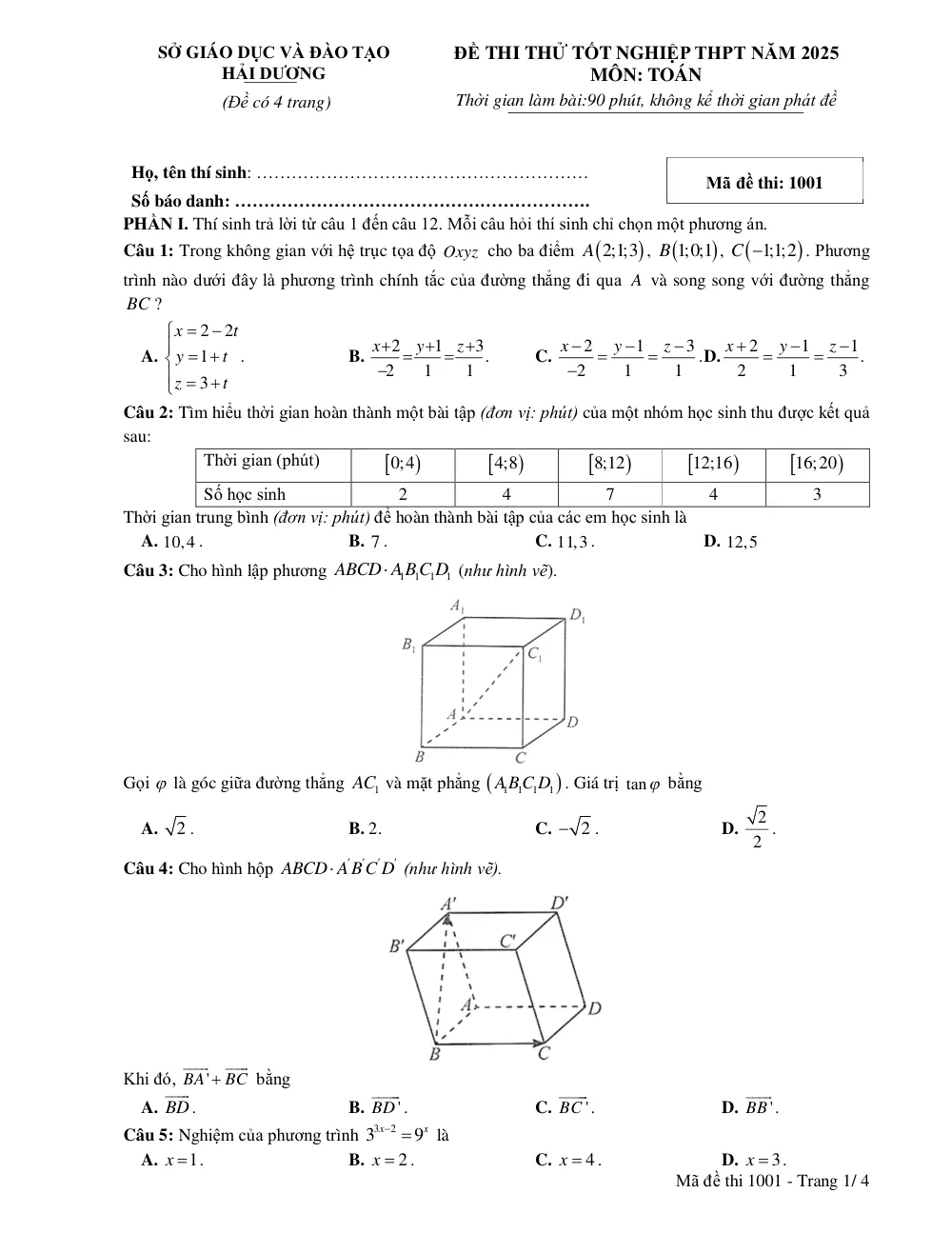 Xem trước trang 1 của "Đề Thi Thử Tốt Nghiệp THPT 2025 - Môn Toán Lớp 12 - Sở GDĐT Hải Dương"