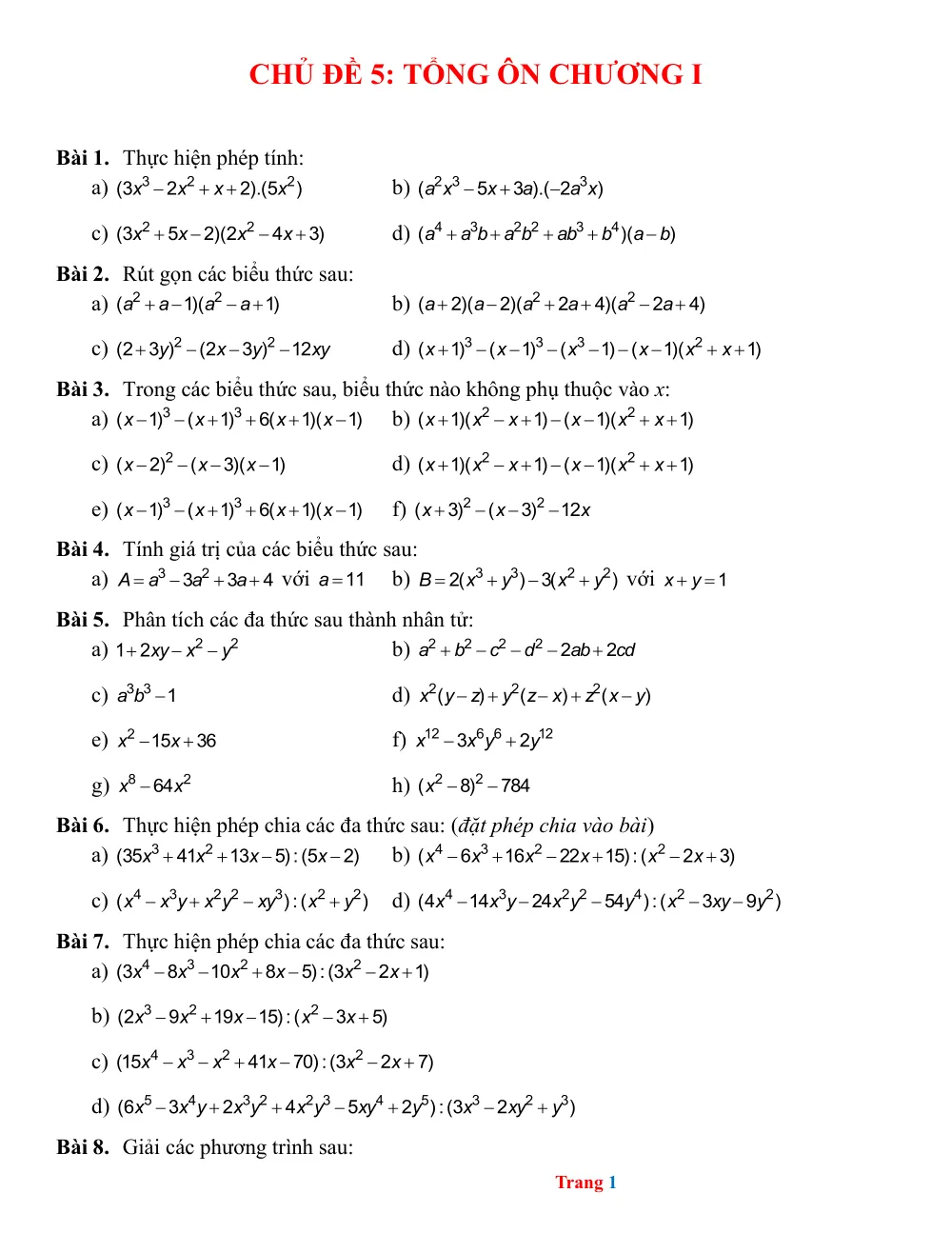 Xem trước trang 1 của "Chủ Đề 5: Tổng Ôn Chương I - Toán 8"