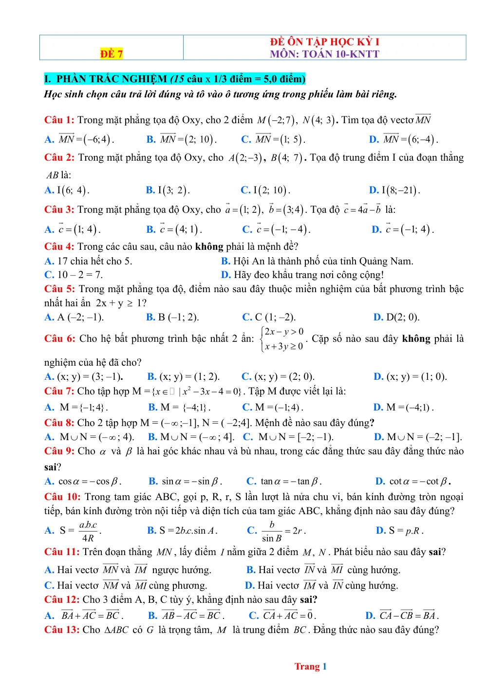 Xem trước trang 1 của "Đề Ôn Tập Học Kỳ I - Toán 10 - KNTT - Đề 7 - Hà Nội"
