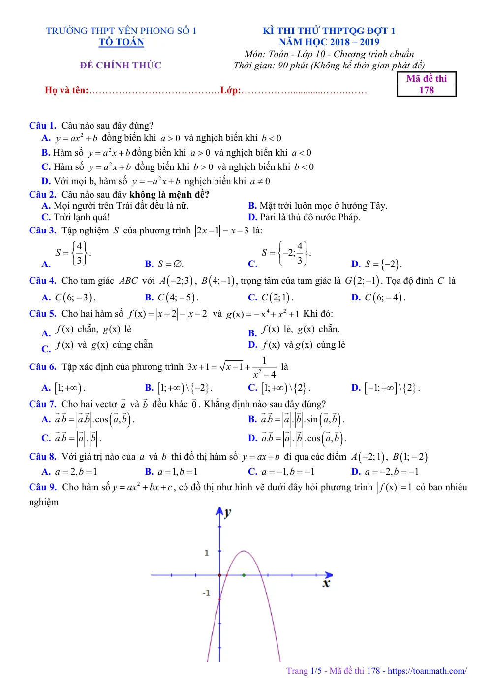 Xem trước trang 1 của "Đề Thi Thử Toán 10 THPTQG 2019 - Trường THPT Yên Phong 1 - Bắc Ninh (Lần 1)"
