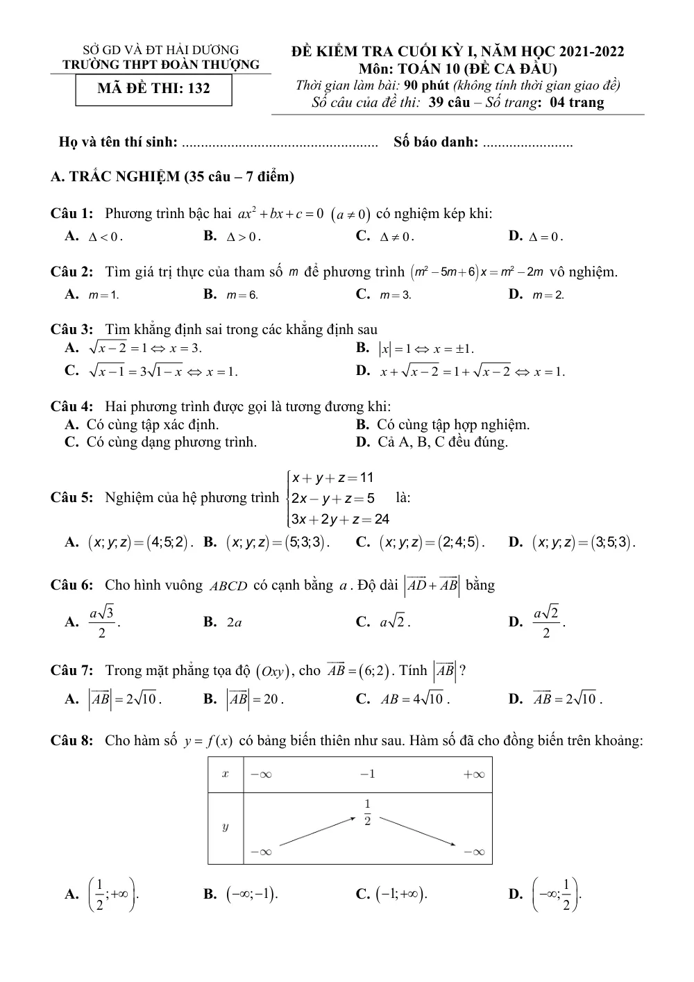 Xem trước trang 1 của "Đề Kiểm Tra Cuối Kỳ I - Toán 10 - Năm học 2021-2022 - Trường THPT Đoàn Thượng - Hải Dương"