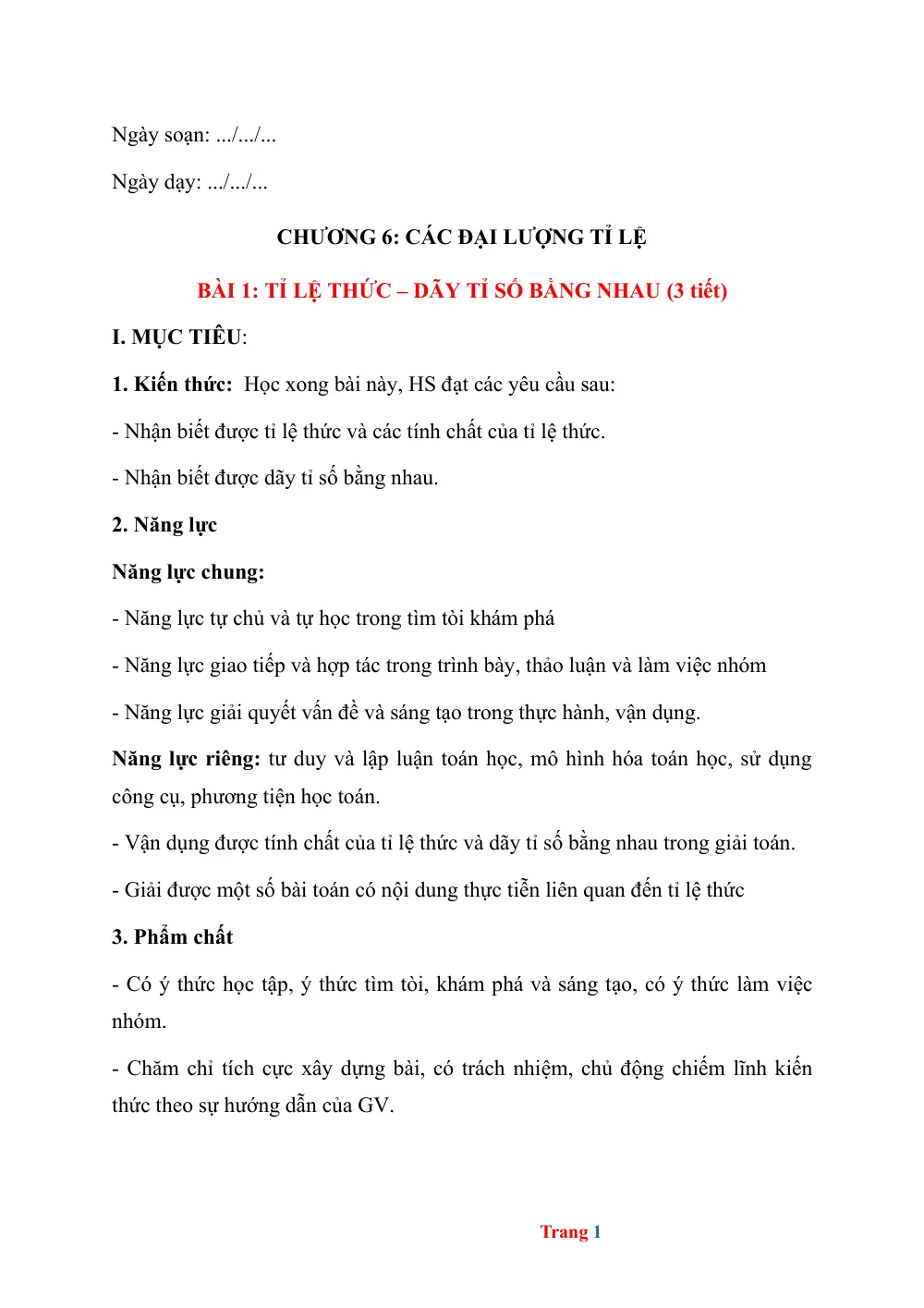 Xem trước trang 1 của "Giáo án Toán 7 HK2 - Chương 6: Các đại lượng tỉ lệ - Bài 1: Tỉ lệ thức – Dãy tỉ số bằng nhau"