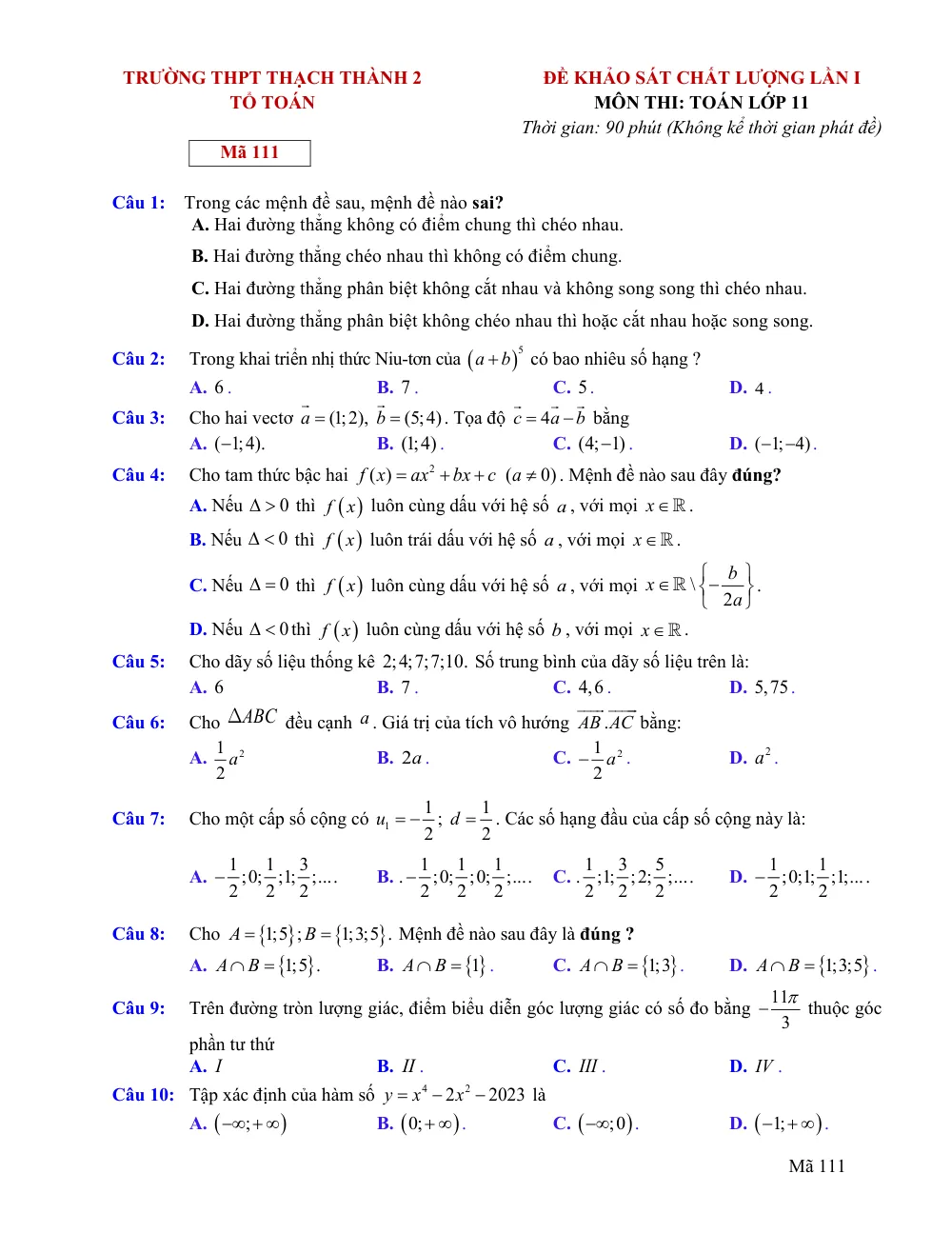 Xem trước trang 1 của "Đề Khảo Sát Chất Lượng Lần I Toán 11 - Trường THPT Thạch Thành 2 - Năm 2023-2024"