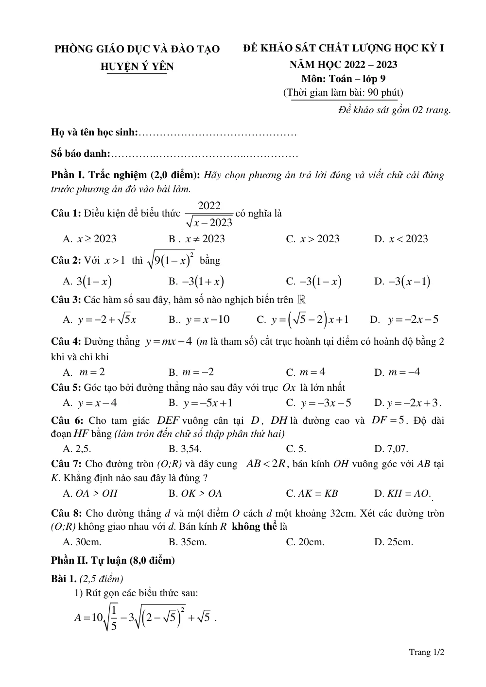 Xem trước trang 1 của "Đề Khảo Sát Chất Lượng Học Kỳ I Toán 9 - Phòng GDĐT Ý Yên - Nam Định Năm học 2022-2023"