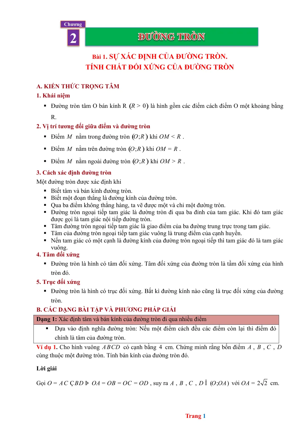 Xem trước trang 1 của "Bài 1. Sự xác định của đường tròn. Tính chất đối xứng của đường tròn"