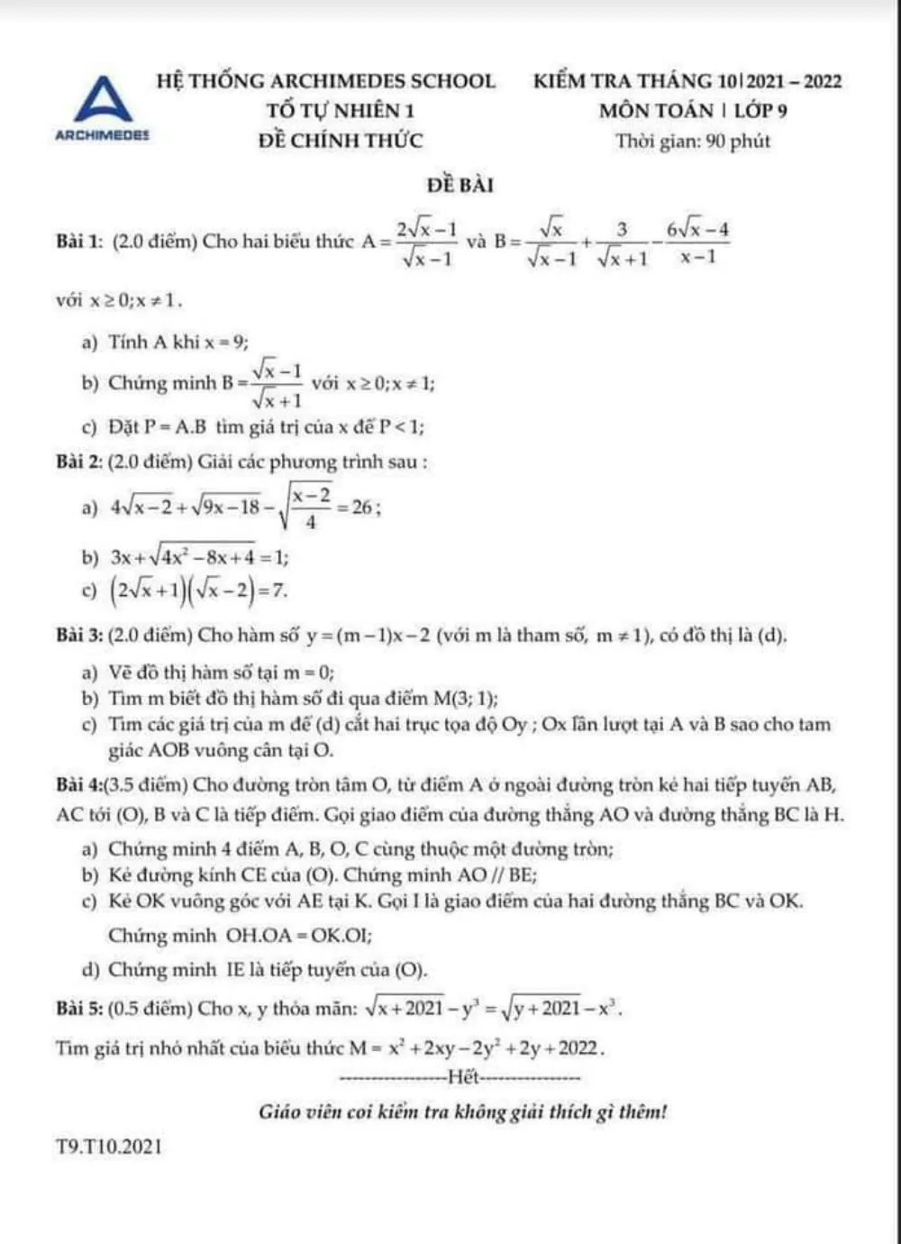 Xem trước trang 1 của "Đề Kiểm Tra Toán 9 Tháng 10 Năm 2021 - Trường THCS Archimedes Academy - Hà Nội"