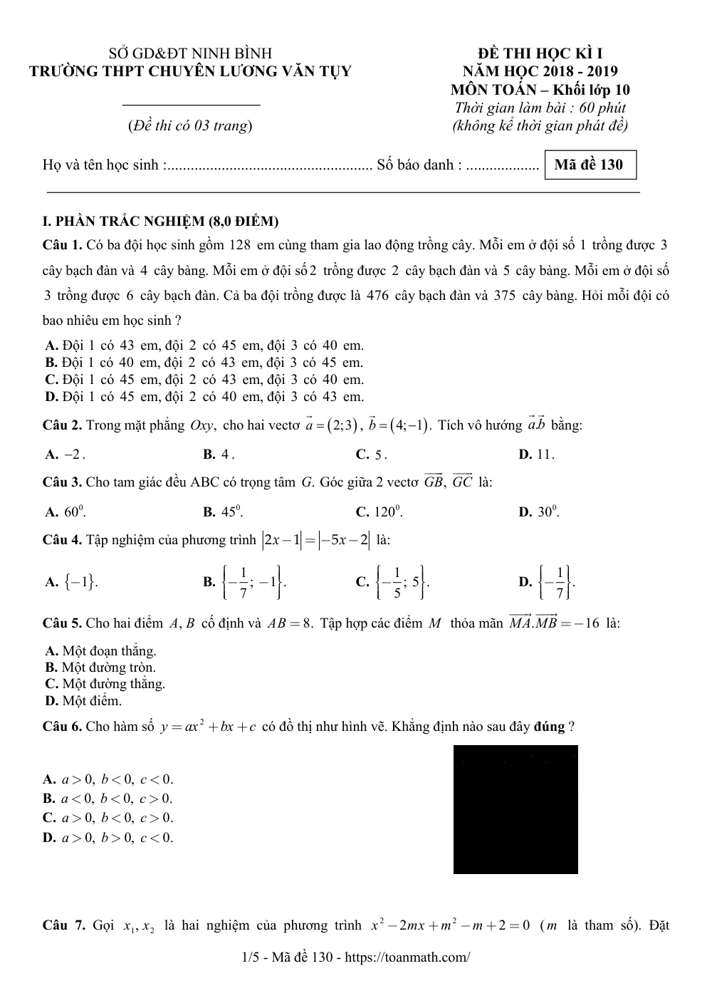 Xem trước trang 1 của "Đề thi Học kỳ 1 - Toán 10 - Năm học 2018-2019 - Trường THPT Chuyên Lương Văn Tụy - Ninh Bình"