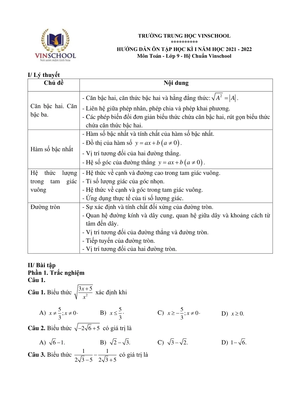 Xem trước trang 1 của "Hướng dẫn ôn tập học kì 1 - Toán 9 - Trường Vinschool - Hà Nội (2021-2022)"