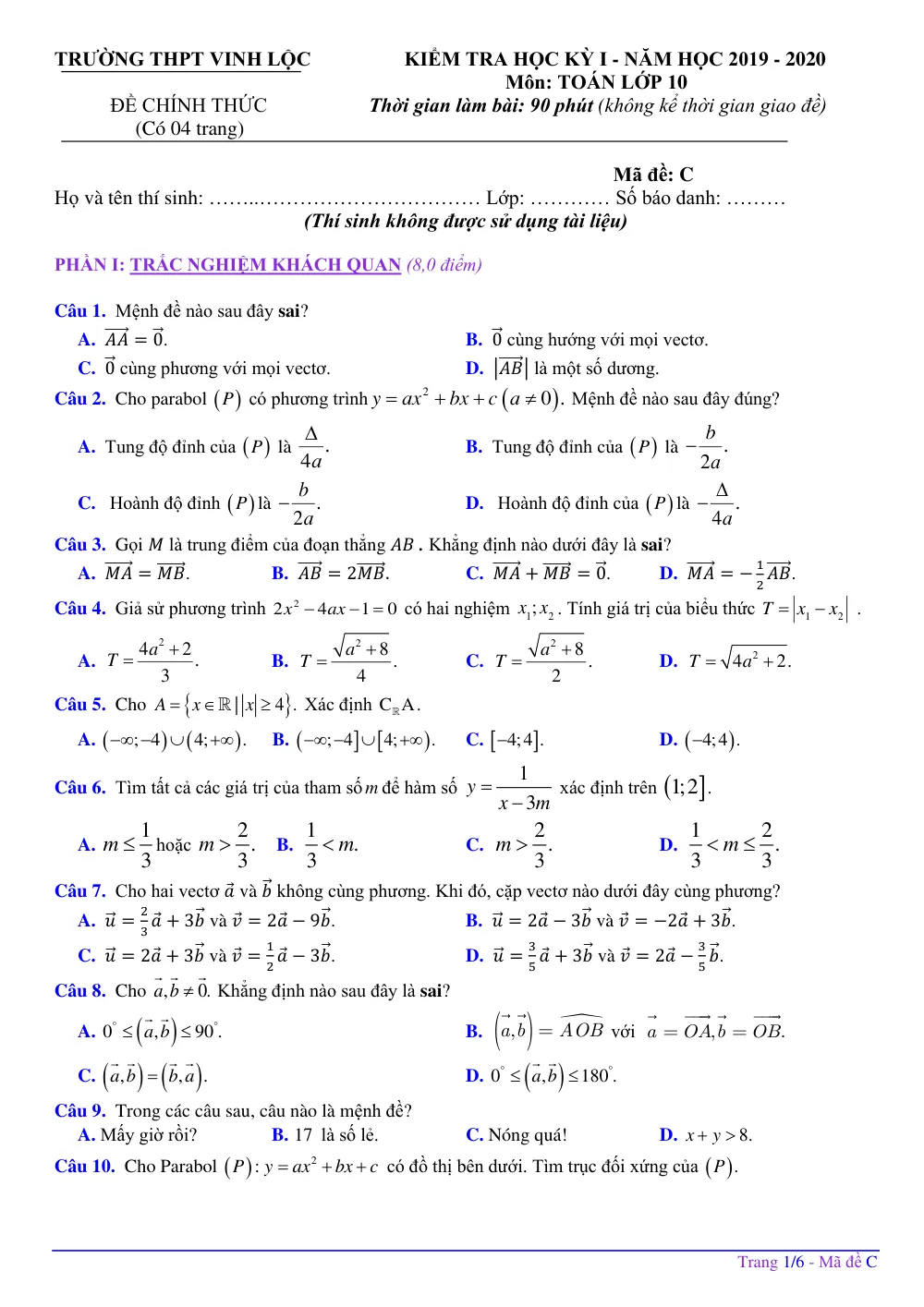 Xem trước trang 1 của "Đề thi HK1 Toán 10 - Năm học 2019-2020 - Trường THPT Vinh Lộc - TT Huế"