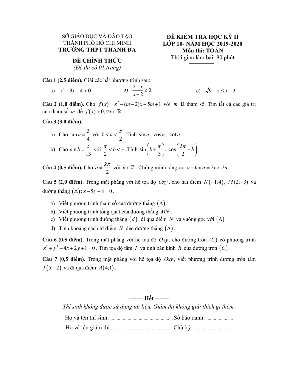 Xem trước trang 1 của "Đề Kiểm Tra Học Kỳ II Toán 10 - Năm học 2019-2020 - Trường THPT Thanh Đa - TP. Hồ Chí Minh"