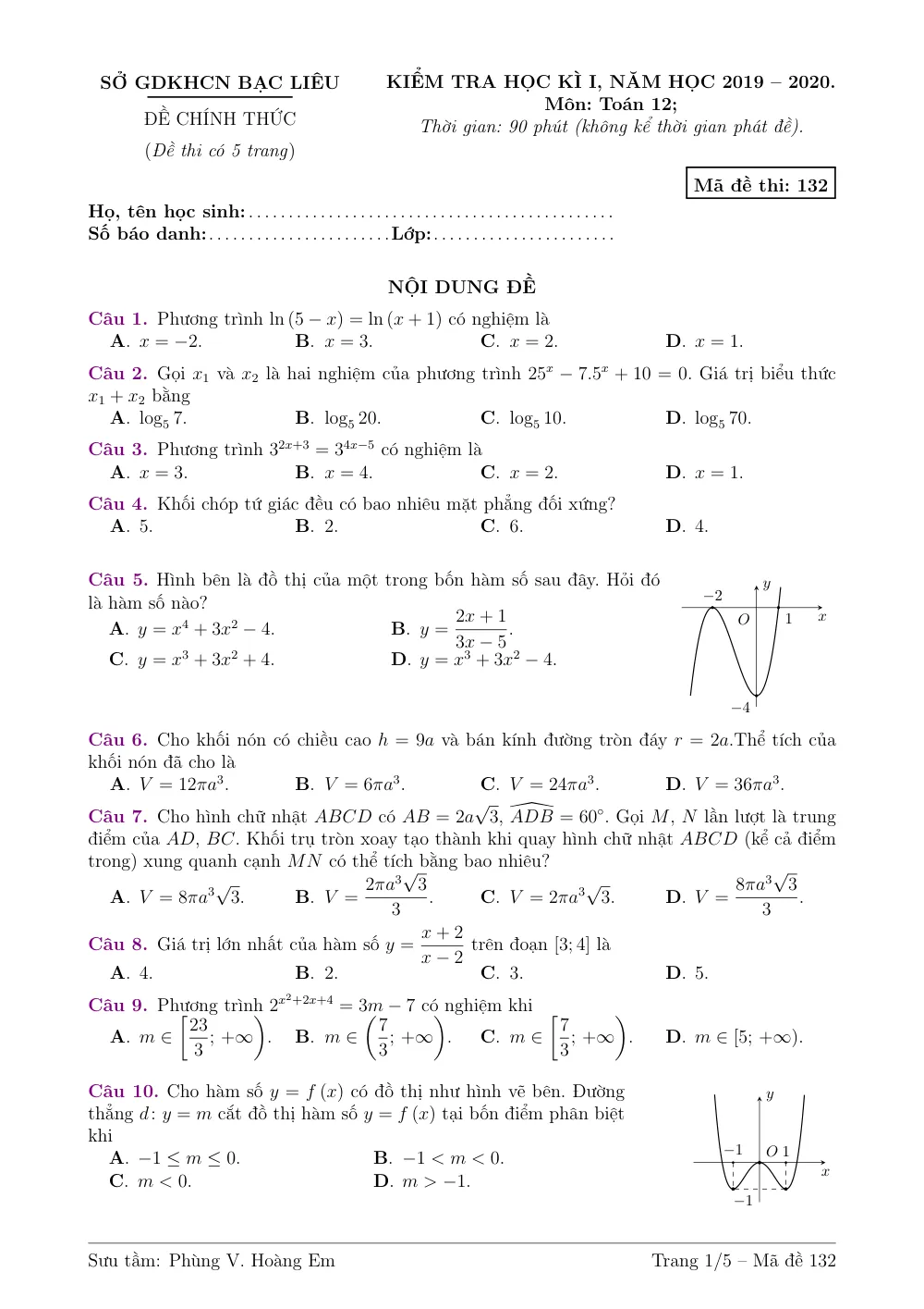 Xem trước trang 1 của "Đề thi học kỳ 1 Toán 12 - Năm học 2019-2020 - Bạc Liêu"