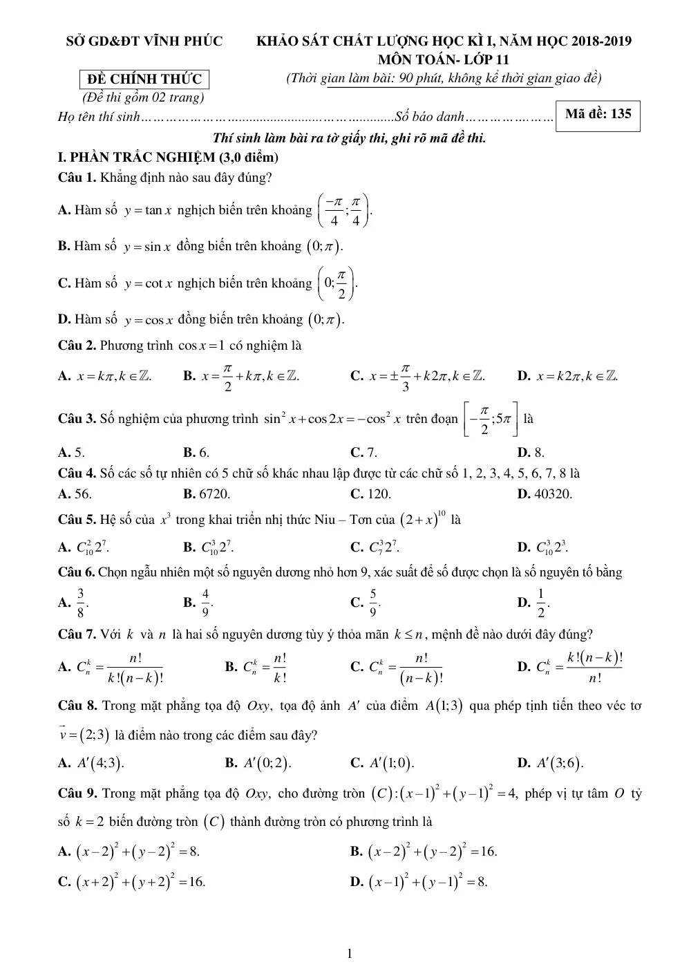 Xem trước trang 1 của "Đề Khảo Sát Chất Lượng Học Kỳ 1 Toán 11 Năm Học 2018-2019 - Sở GD&ĐT Vĩnh Phúc"