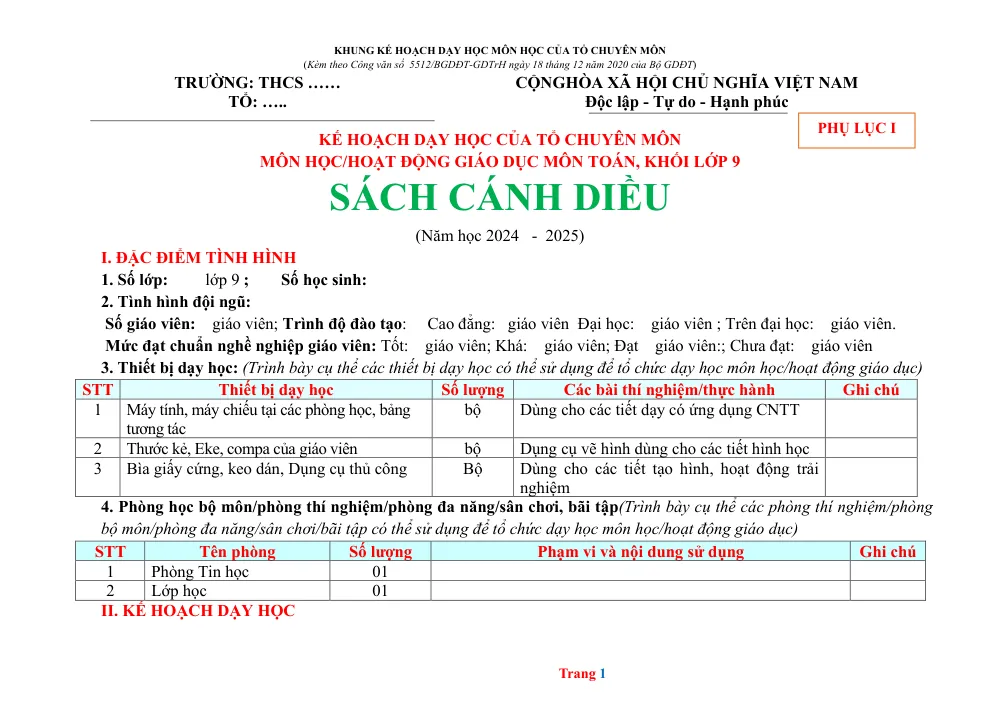 Xem trước trang 1 của "Kế hoạch dạy học môn Toán lớp 9 - Sách Cánh Diều (Năm học 2024 - 2025)"