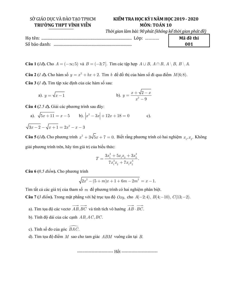 Xem trước trang 1 của "Đề Thi Học Kỳ 1 Toán 10 - Trường THPT Vĩnh Viễn - TP. Hồ Chí Minh (2019-2020)"