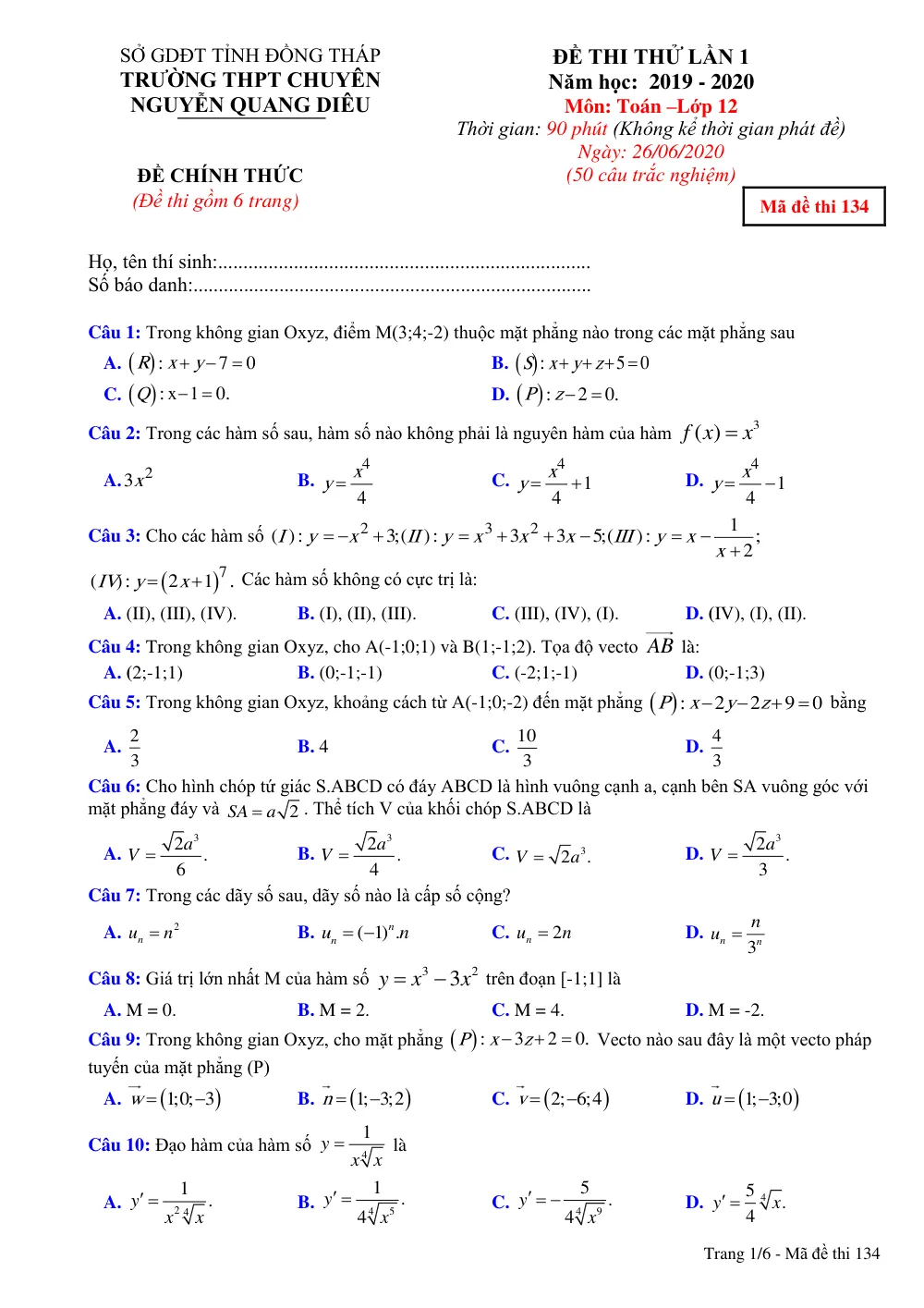 Xem trước trang 1 của "Đề Thi Thử THPT 2020 - Môn Toán Lớp 12 - Lần 1 - Trường THPT Chuyên Nguyễn Quang Diêu - Đồng Tháp"