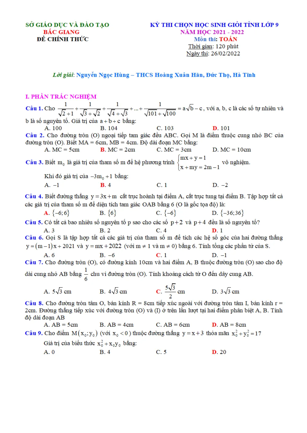 Xem trước trang 1 của "Đề Thi Học Sinh Giỏi Cấp Tỉnh Toán 9 Năm 2021-2022 - Sở GDĐT Bắc Giang"