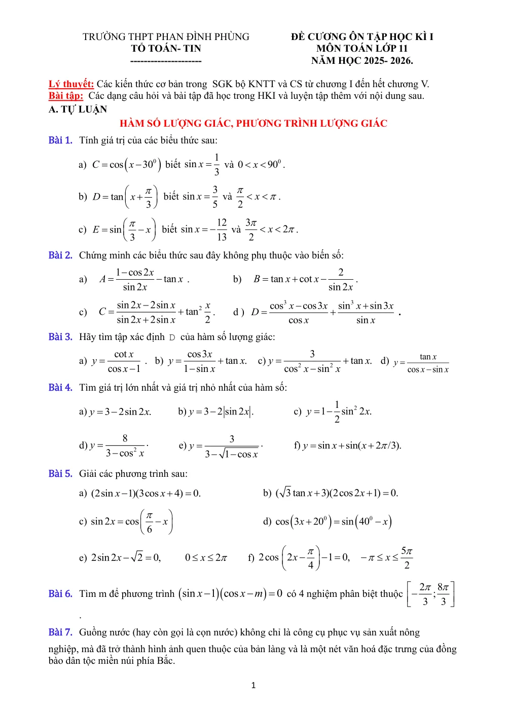 Xem trước trang 1 của "Đề Cương Ôn Tập Học Kì I Toán 11 Năm Học 2025-2026 - Trường THPT Phan Đình Phùng - Hà Nội"