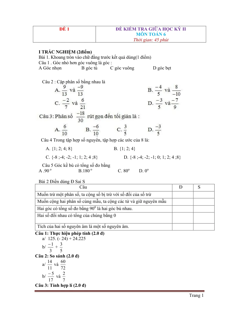 Xem trước trang 1 của "Đề Kiểm Tra Giữa Học Kỳ II - Toán 6 - Có Đáp Án"