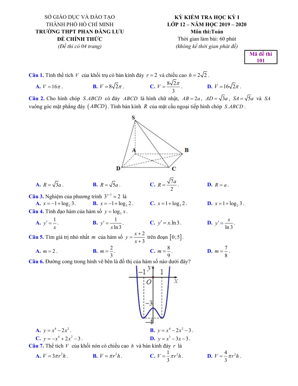 Xem trước trang 1 của "Đề thi cuối học kỳ 1 Toán 12 - Năm học 2019-2020 - Trường THPT Phan Đăng Lưu - TP. Hồ Chí Minh"