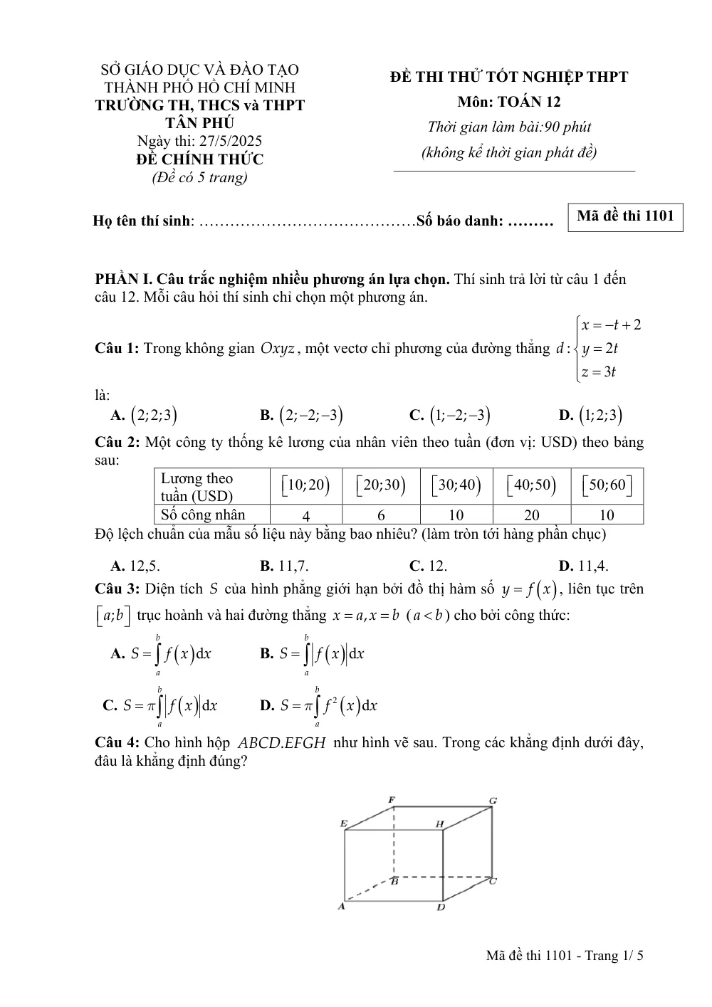 Xem trước trang 1 của "Đề Thi Thử Tốt Nghiệp THPT 2025 - Môn Toán 12 - Trường Tân Phú - TP. Hồ Chí Minh"