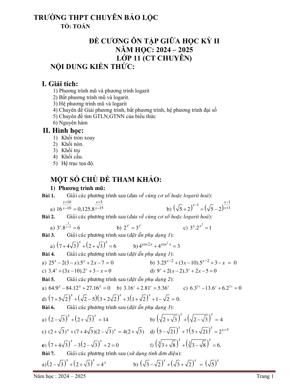 Xem trước trang 1 của "Đề Cương Ôn Tập Giữa Học Kỳ II Toán 11 (Chuyên) - Trường THPT Chuyên Bảo Lộc - Năm học 2024-2025"