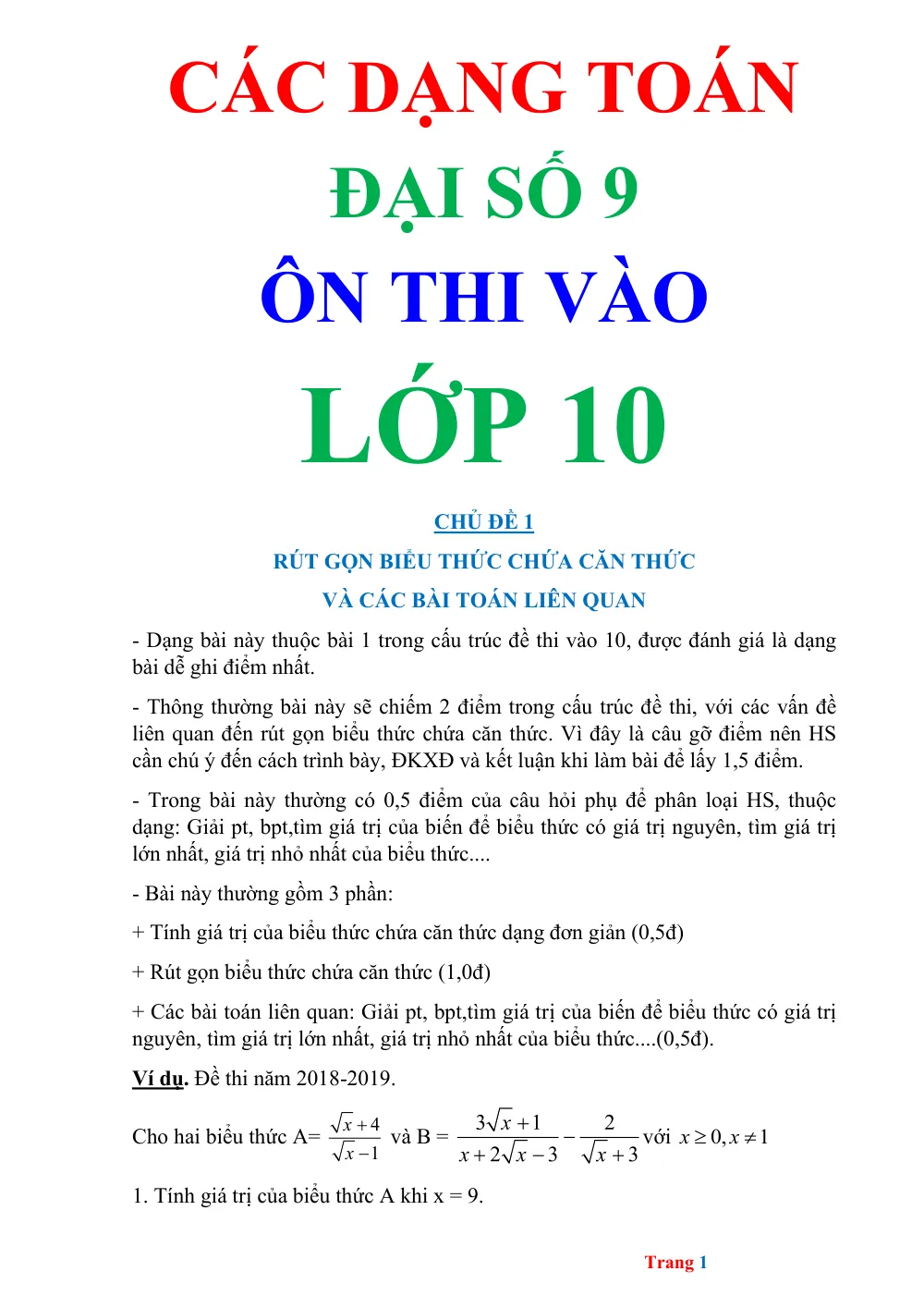 Xem trước trang 1 của "Các dạng Toán 9 Đại số ôn thi vào 10 có lời giải"