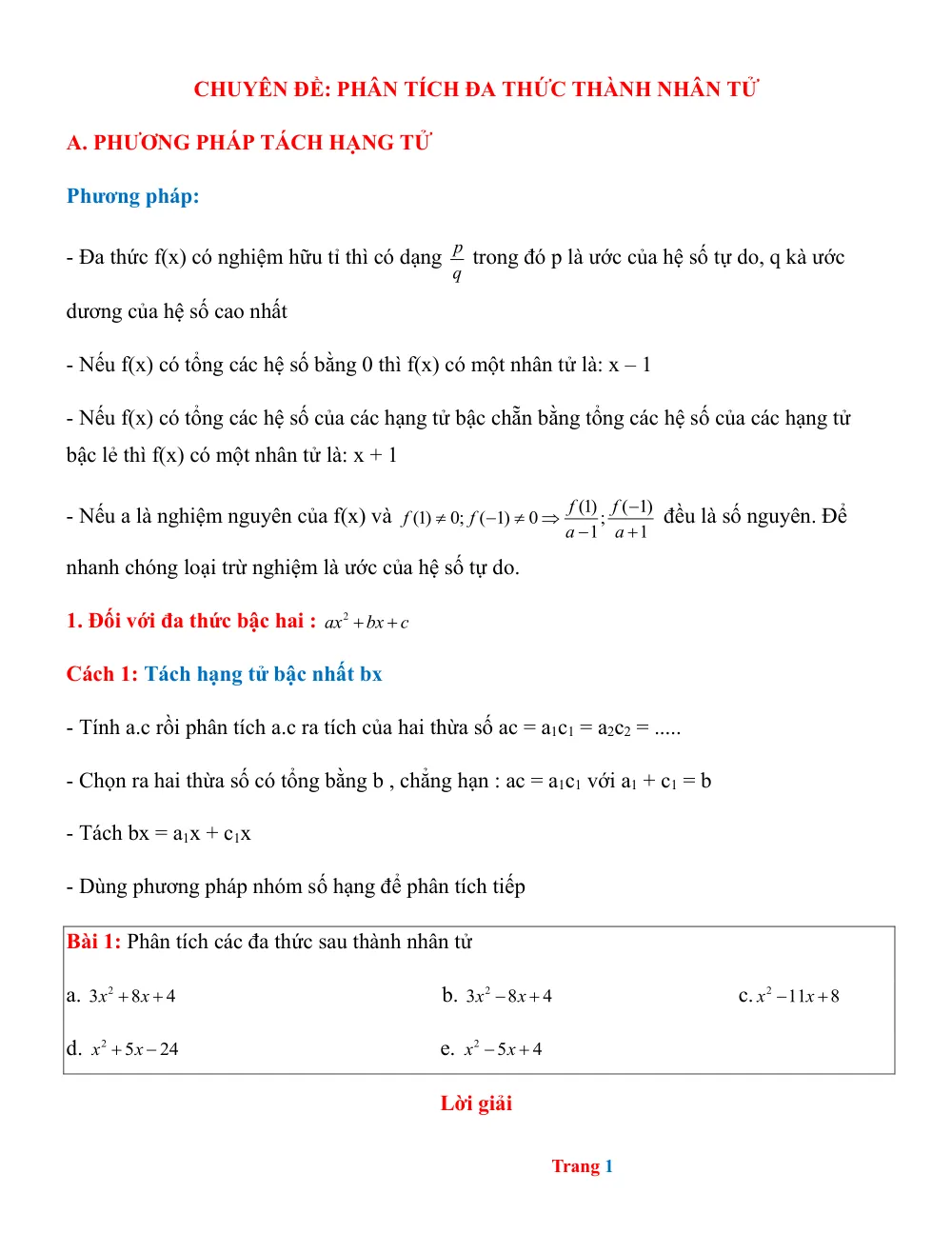 Xem trước trang 1 của "Chuyên đề Bồi dưỡng HSG Toán 8: Phân tích đa thức thành nhân tử"
