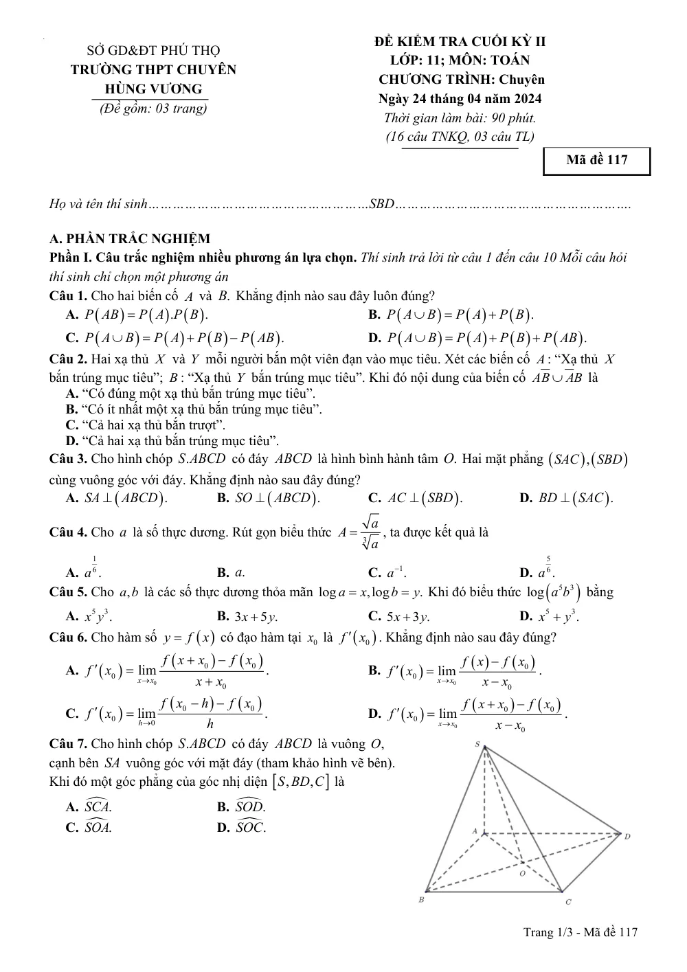 Xem trước trang 1 của "Đề Kiểm Tra Cuối Kỳ II - Toán 11 - Trường THPT Chuyên Hùng Vương - Phú Thọ - Năm học 2023-2024"