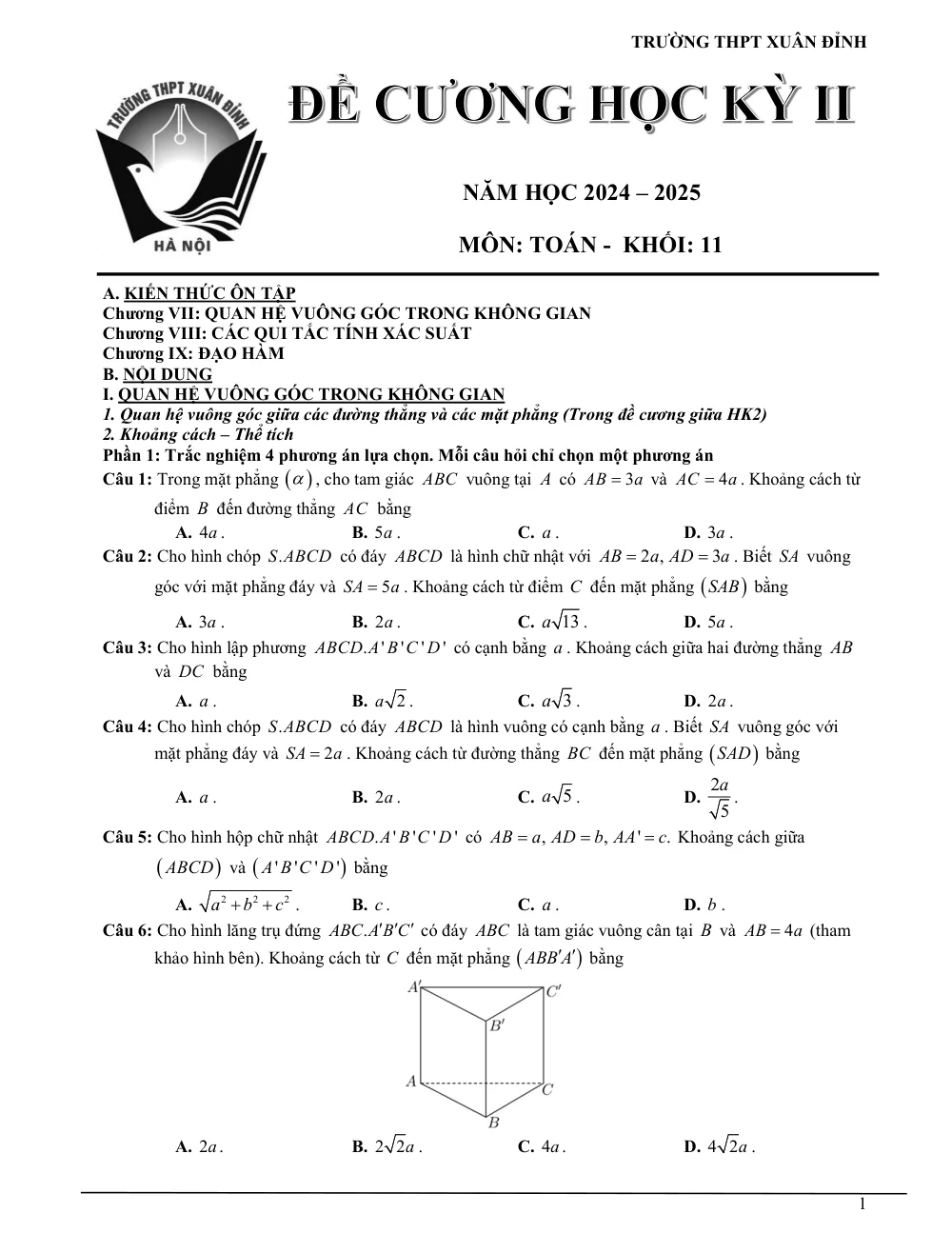 Xem trước trang 1 của "Đề cương học kỳ 2 Toán 11 năm 2024-2025 - Trường THPT Xuân Đỉnh - Hà Nội"
